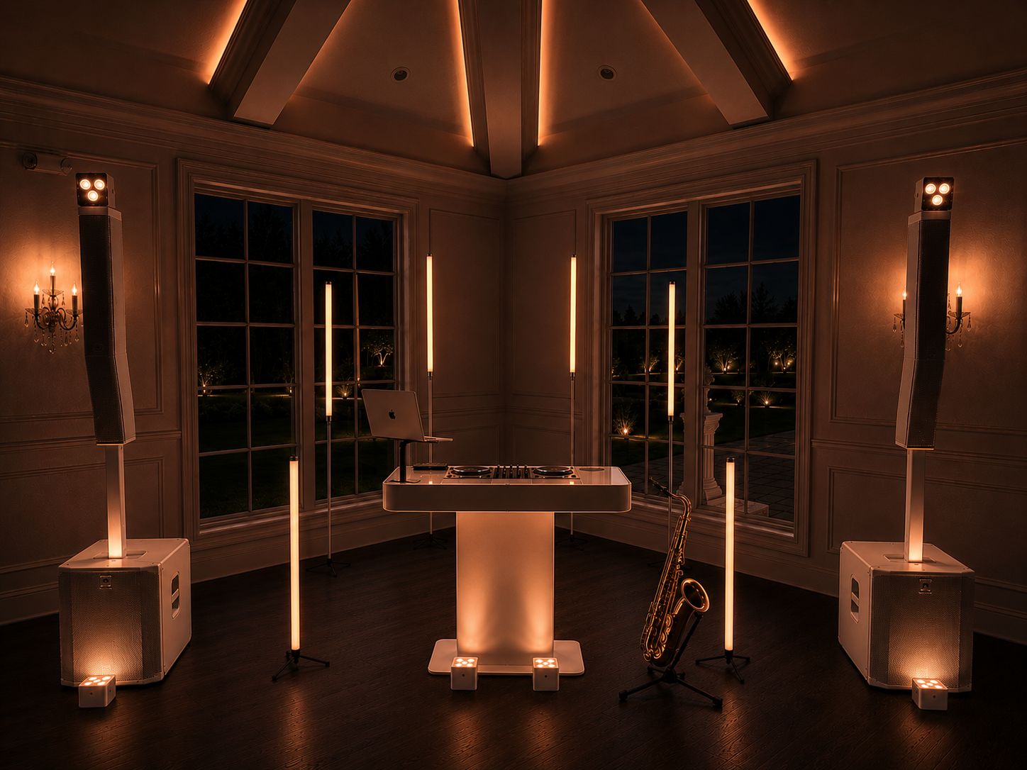 Knox Signature production setup with DJ booth, sound system, lighting, and saxophone